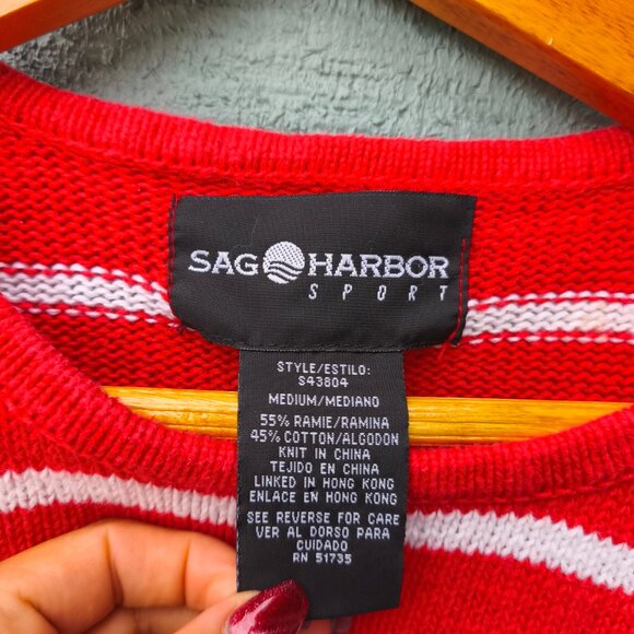 90s Sag Habor Embroidered Lighthouse Nautical Striped Knit Sweater sz M Red Whit - Picture 6 of 10